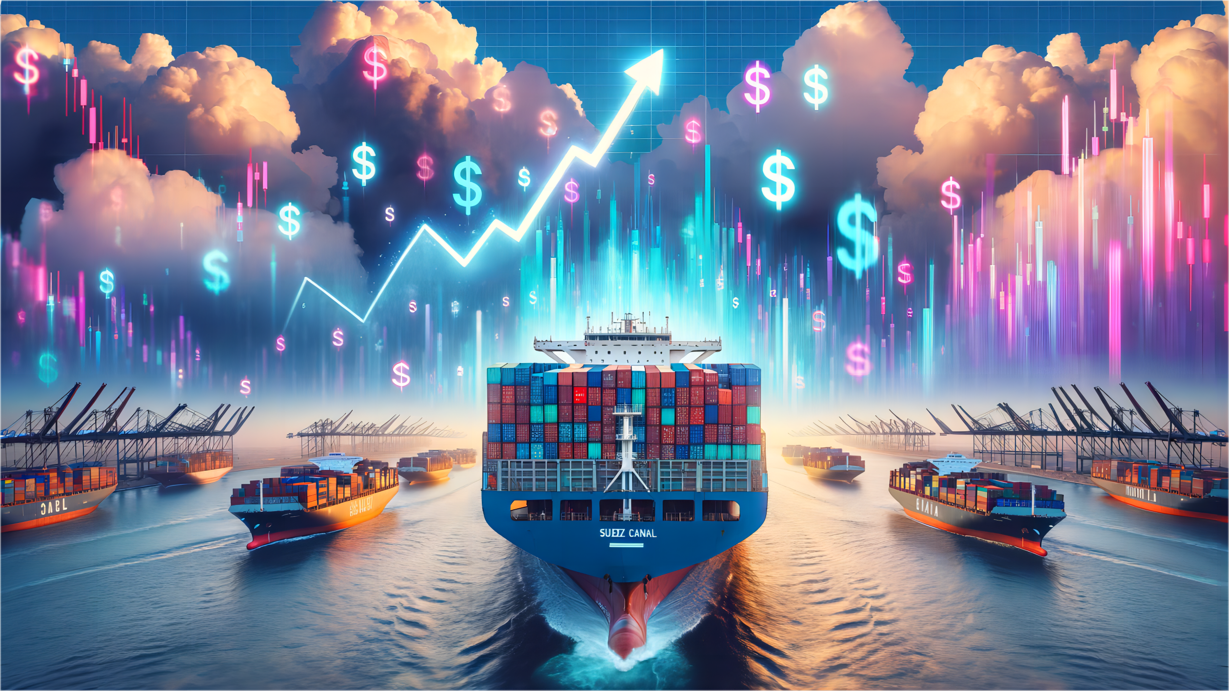 Container ship carrying freight from China to Australia at a busy port terminal
